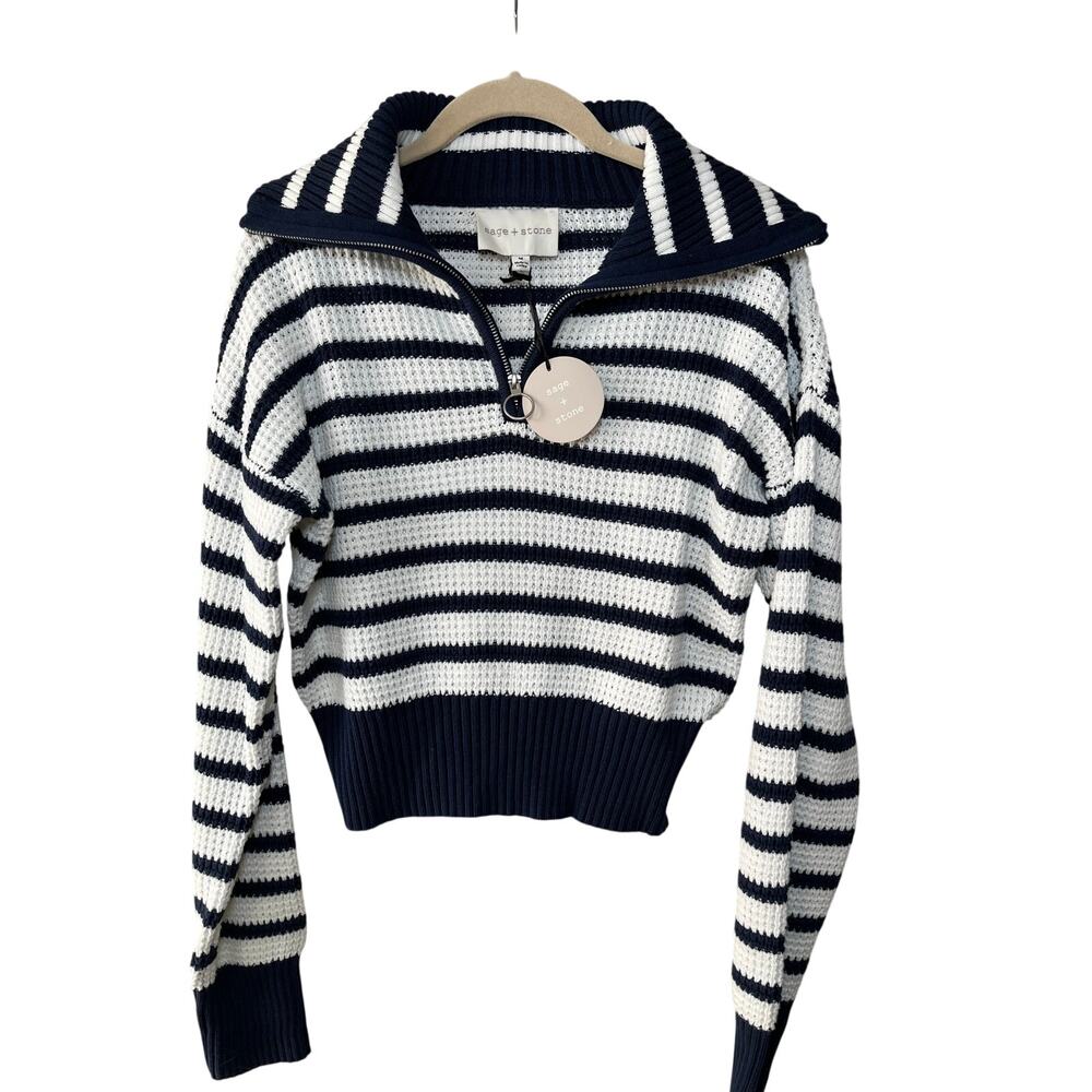 Sage & Stone women's M blue& white combo zip neck sweater teen casual
